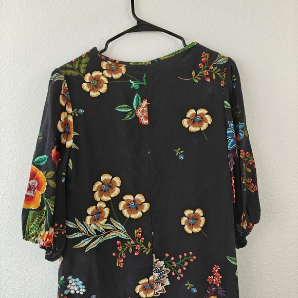 Johnny Was Zorya 100% Silk Floral Print Puff 3/4 Sleeve Mini Dress Black Size XS - Picture 13 of 15